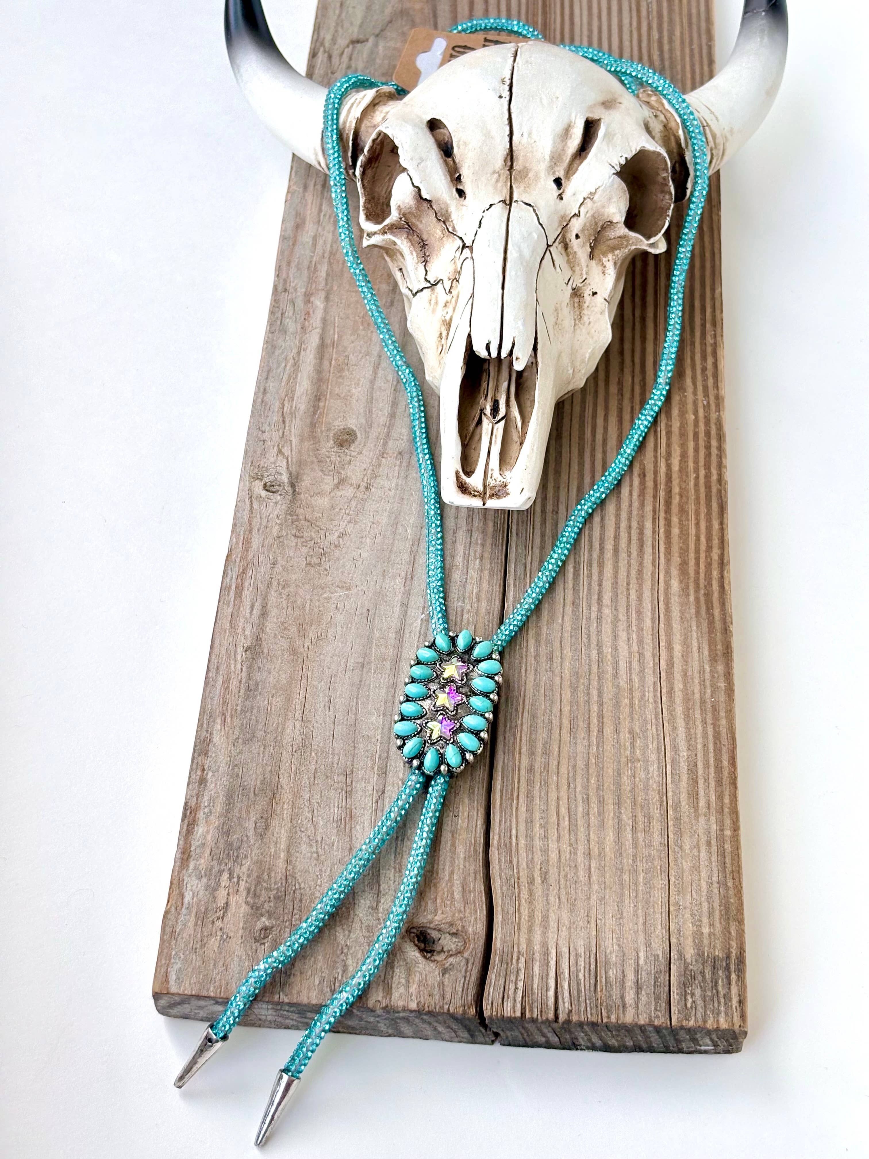 Western Glitter Style Stone Pendant Bolo Tie Necklace