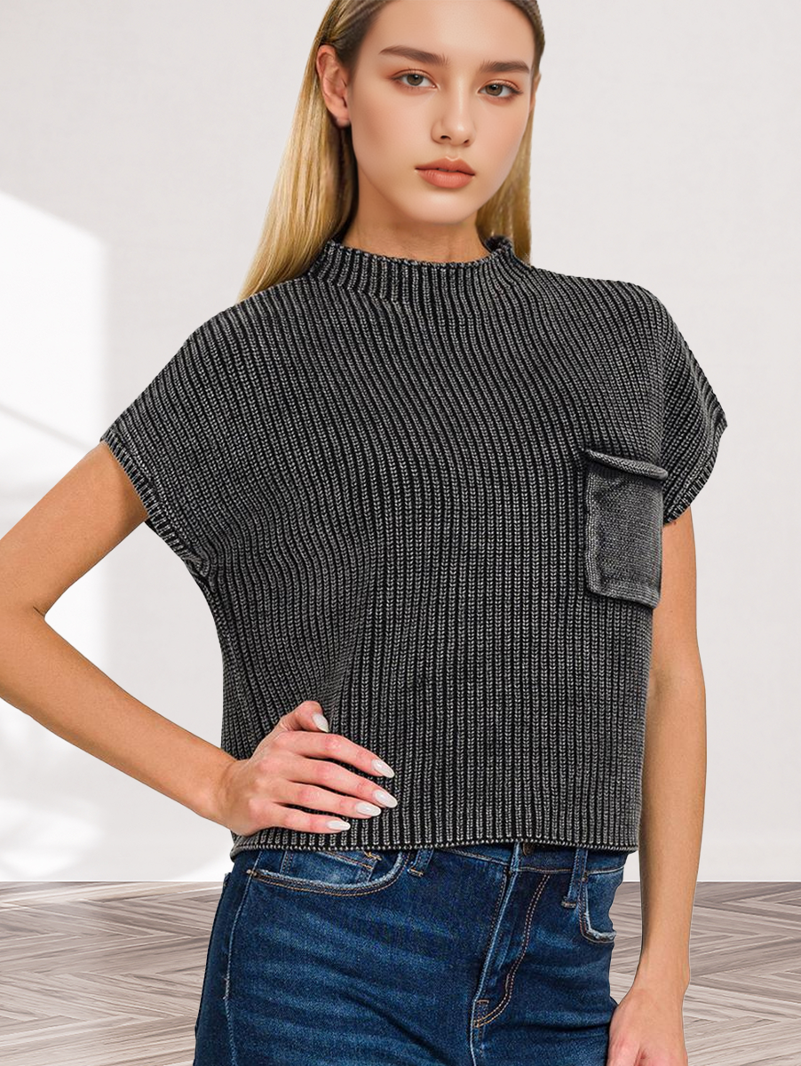 `Washed Mock Neck Short Sleeve Sweater