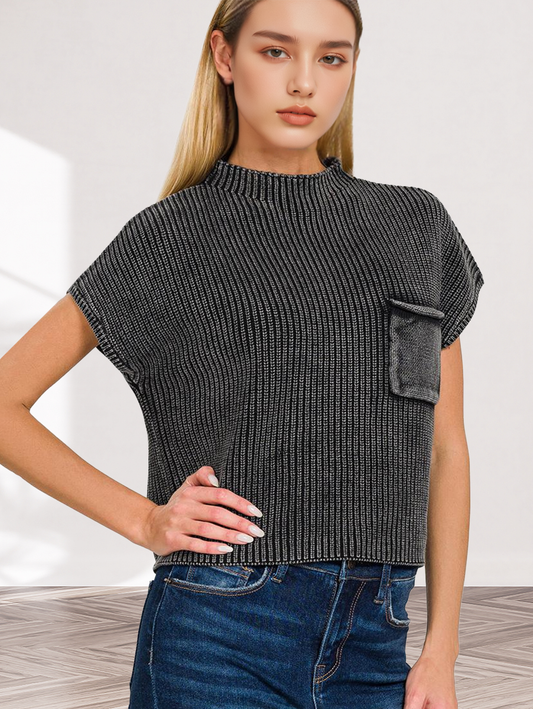 `Washed Mock Neck Short Sleeve Sweater