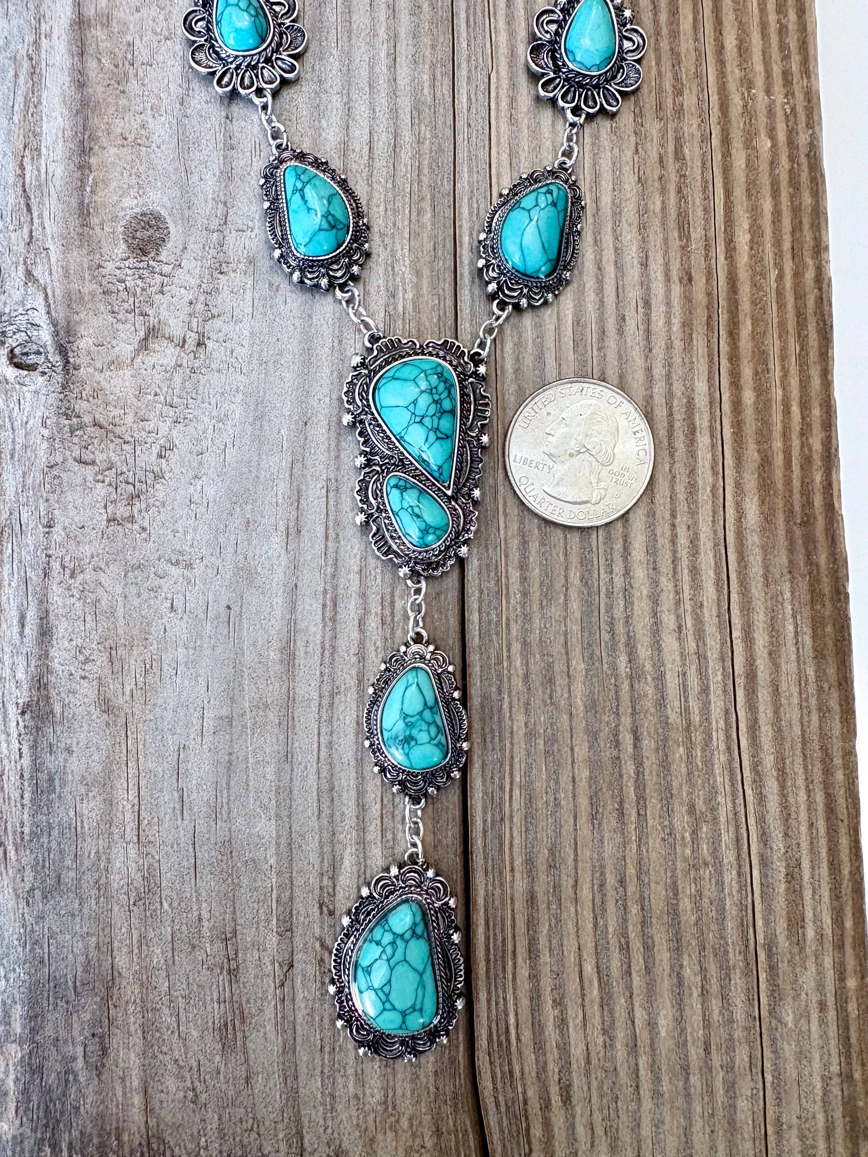 Turquoise Stone Western Concho Y Drop Necklace