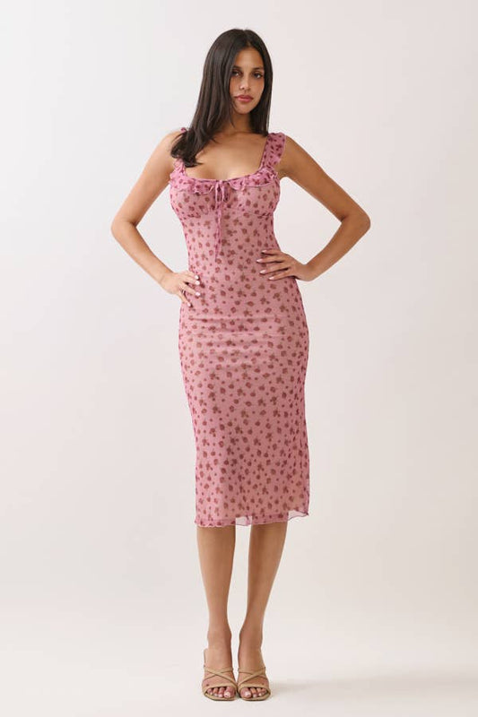 TIE FRONT MESH MIDI DRESS WITH RUFFLES