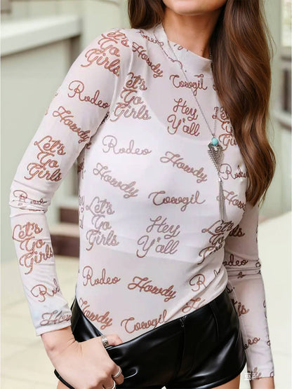 Western Howdy Hey Yall Mesh Mock Neck Long Sleeve Top