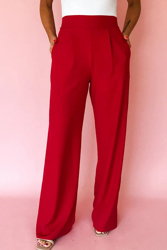 Fiery Red Pleated Detail Pull On High Elastic Waist Loose Straight Pants