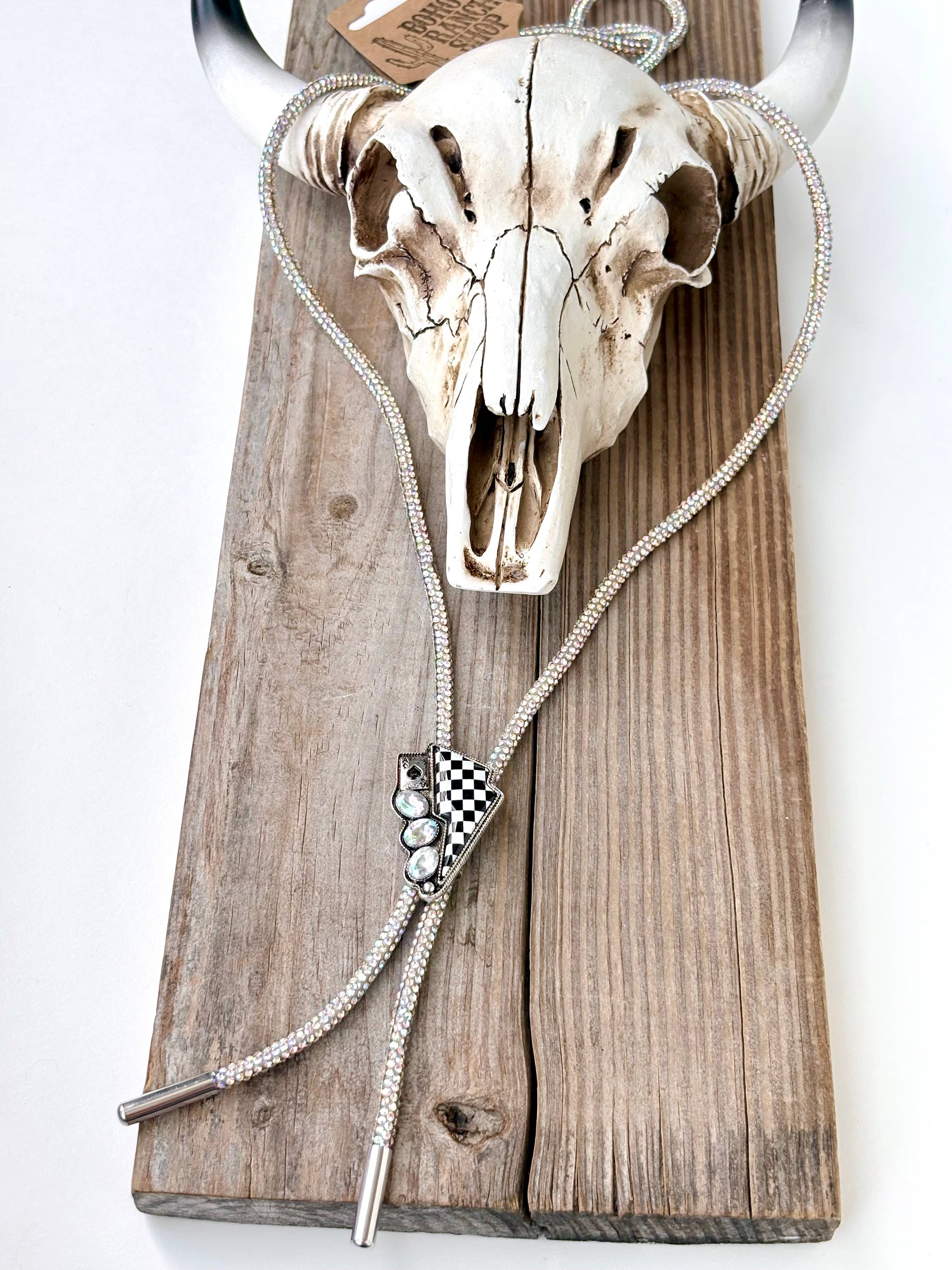 Western Glitter Style Stone Pendant Bolo Tie Necklace