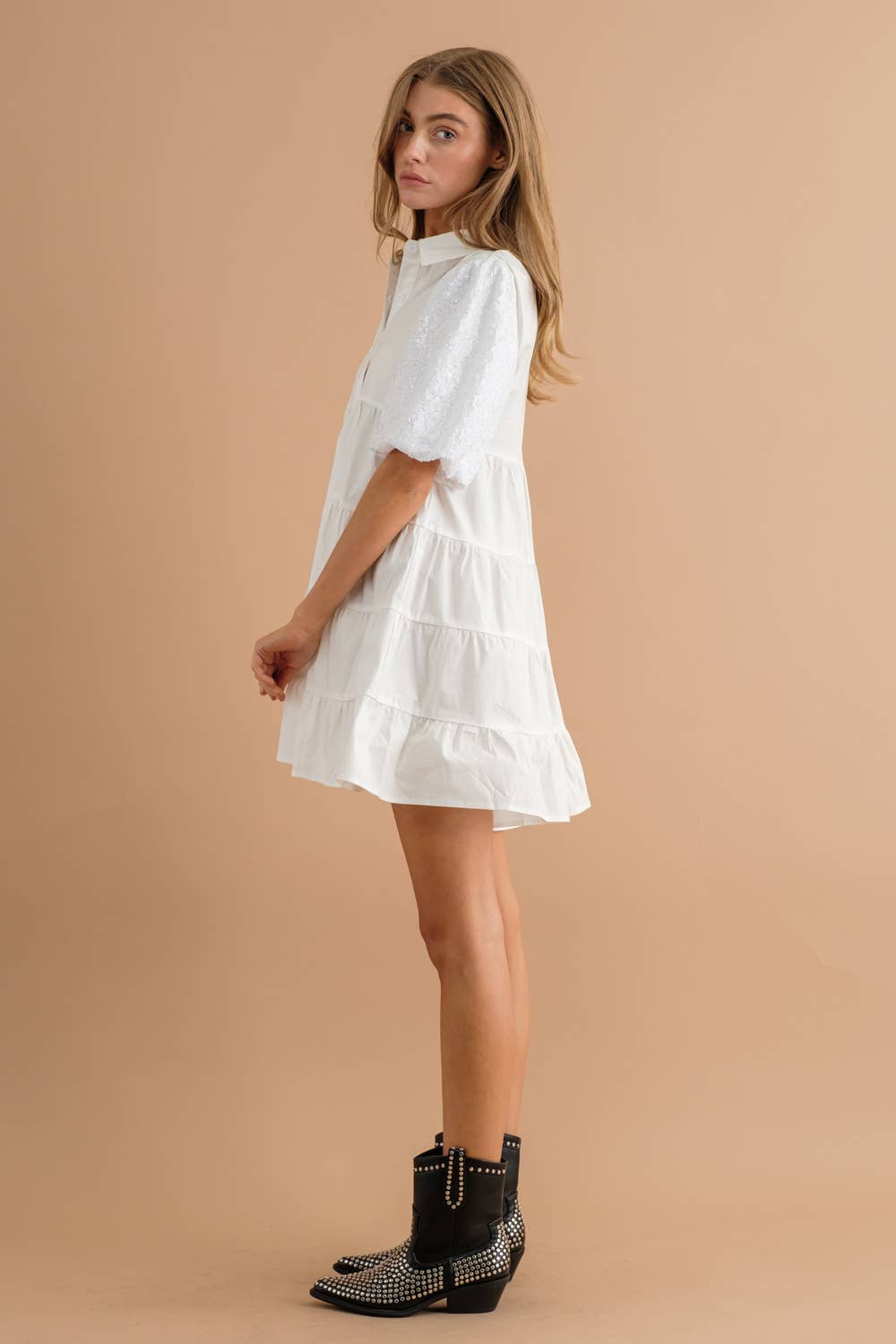 Sequin Puff SLV Tiered Poplin Button Up Shirt Dress