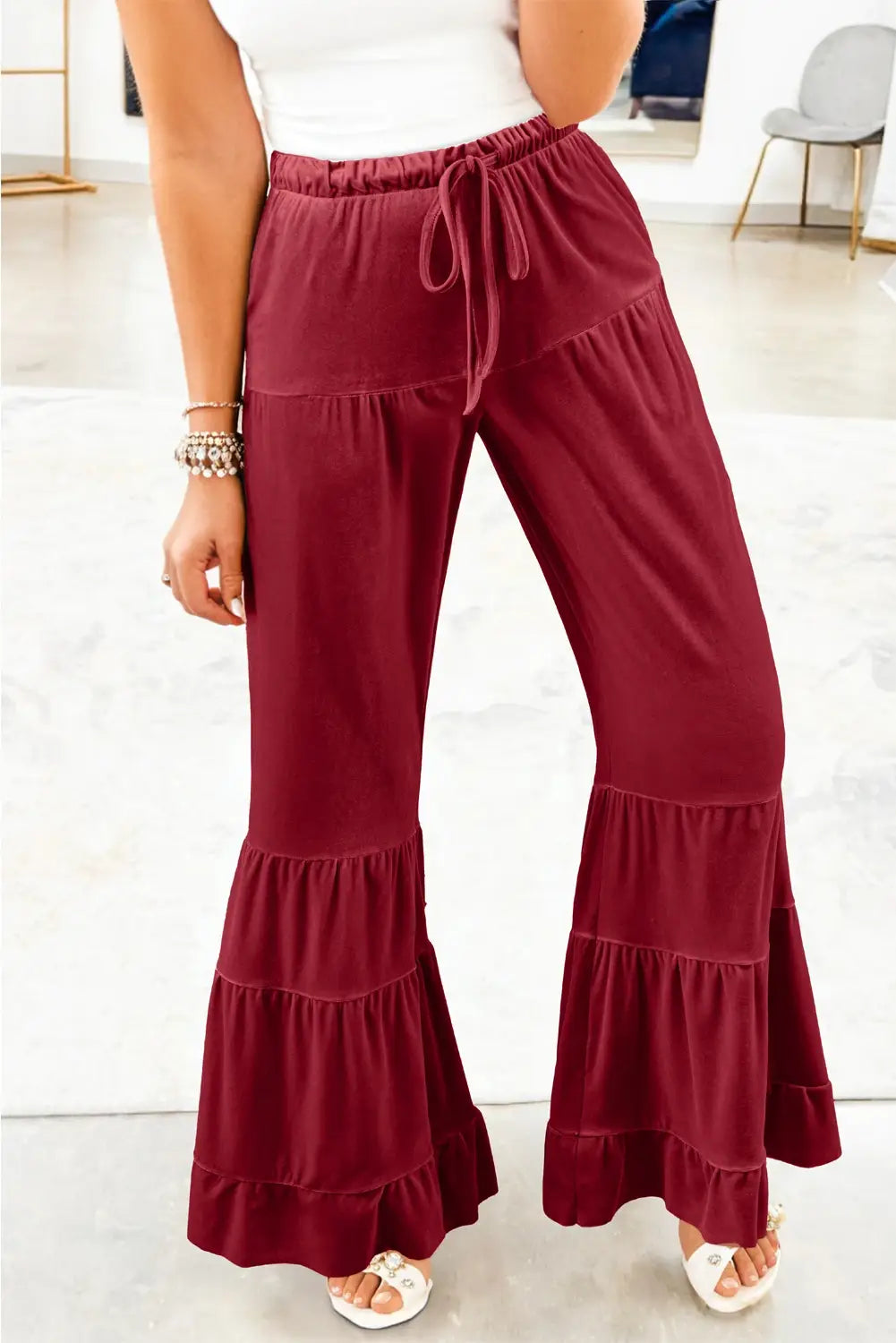 Straw Yellow Mineral Wash Lace-up High Waist Tiered Bell Bottom Pants