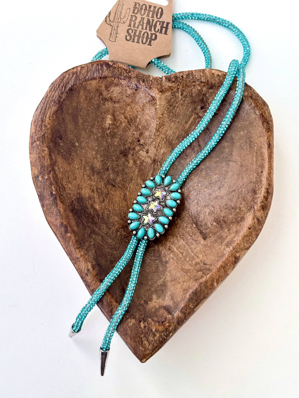 Western Glitter Style Stone Pendant Bolo Tie Necklace