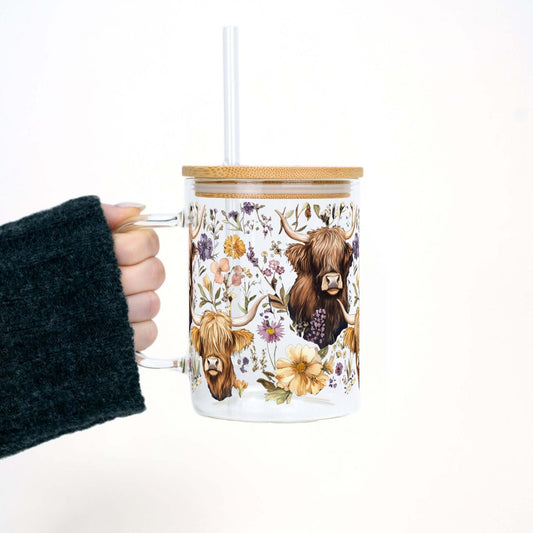 Wildflower Highland Cow 17oz Mug With Lid and Straw