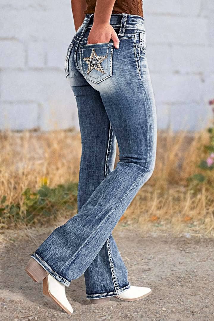 Star-Embroidered Straight-Leg Slim Stretch Jeans
