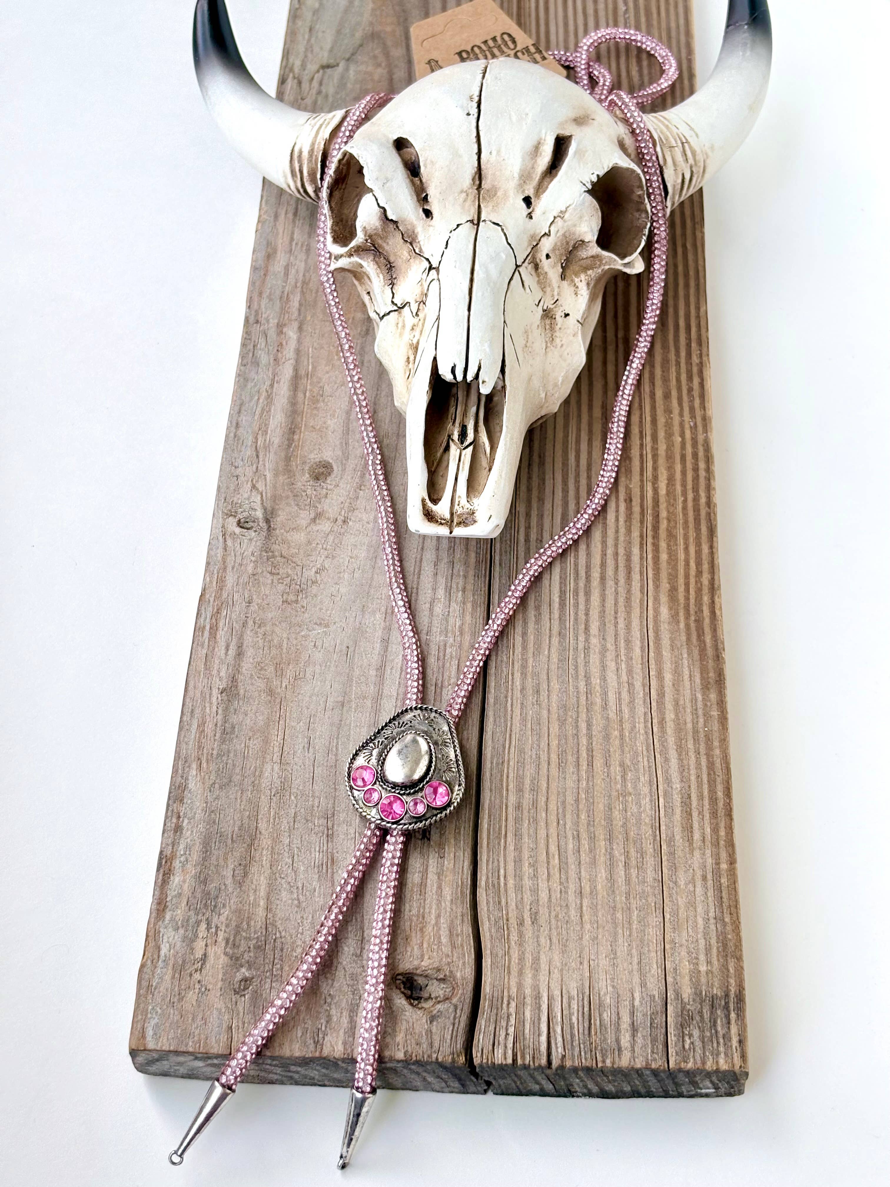 Western Glitter Style Stone Pendant Bolo Tie Necklace