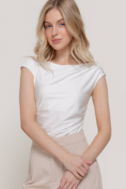 Short Sleeve Boat Neck Side Ruched Knit Bodysuit