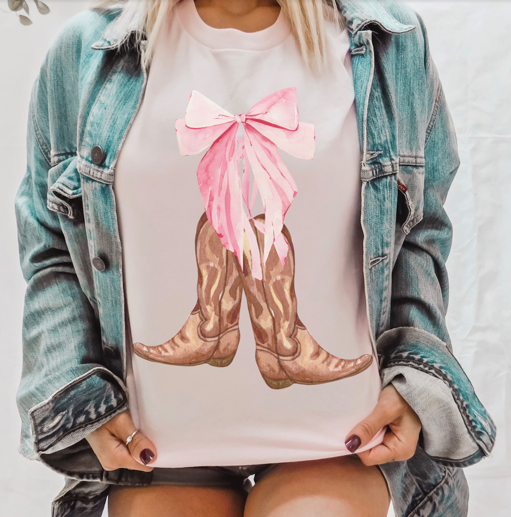 Pink Bow Cowboy Coquette Spring Western day Graphic Tee: Cream / Med Unisex