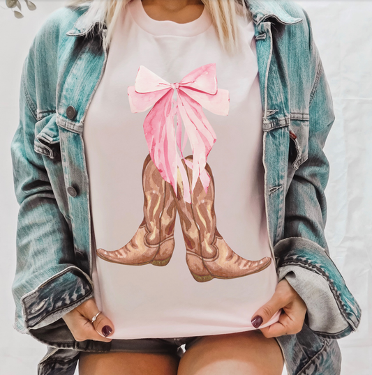Pink Bow Cowboy Coquette Spring Western day Graphic Tee: Cream / XL Unisex