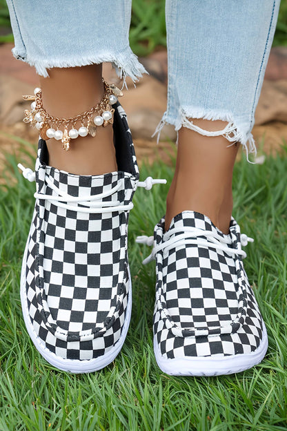 Checkered Leopard Print Lace-up Detail Flat Shoes