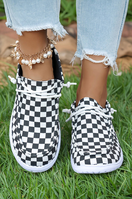 Checkered Leopard Print Lace-up Detail Flat Shoes