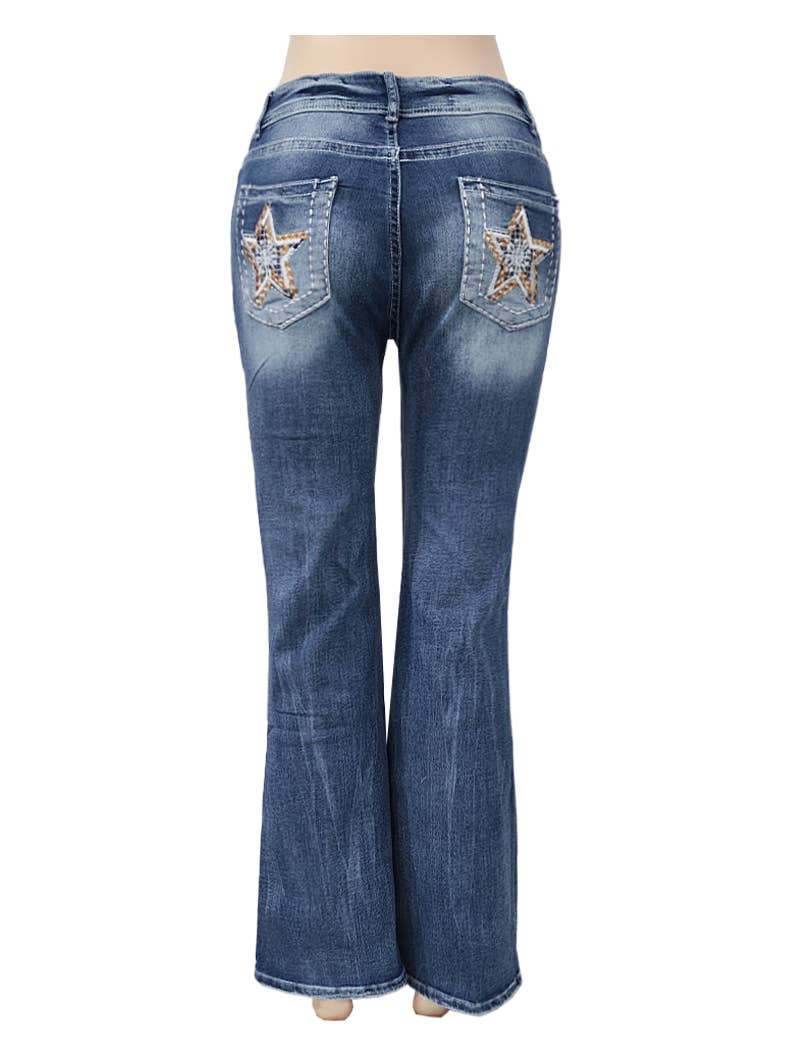 Star-Embroidered Straight-Leg Slim Stretch Jeans