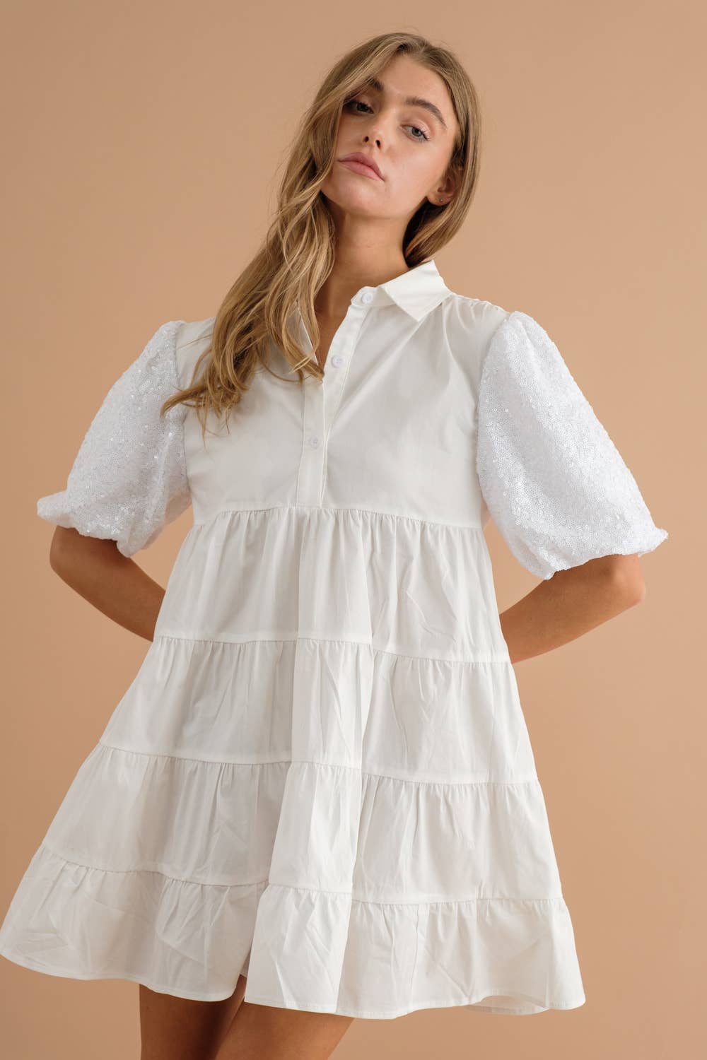 Sequin Puff SLV Tiered Poplin Button Up Shirt Dress