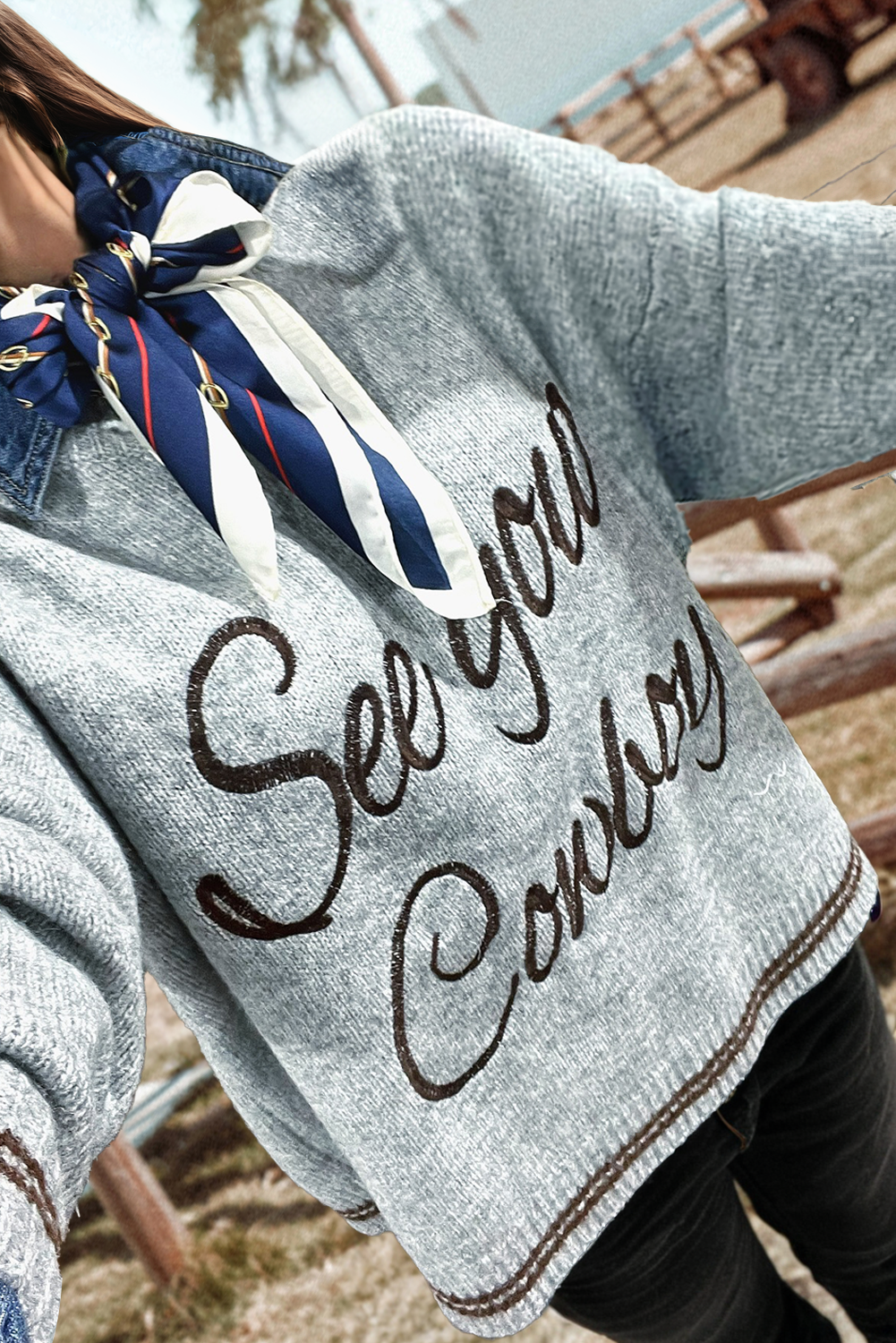 See You Cowboy Embroidered Western Graphic Sweater | GRAY