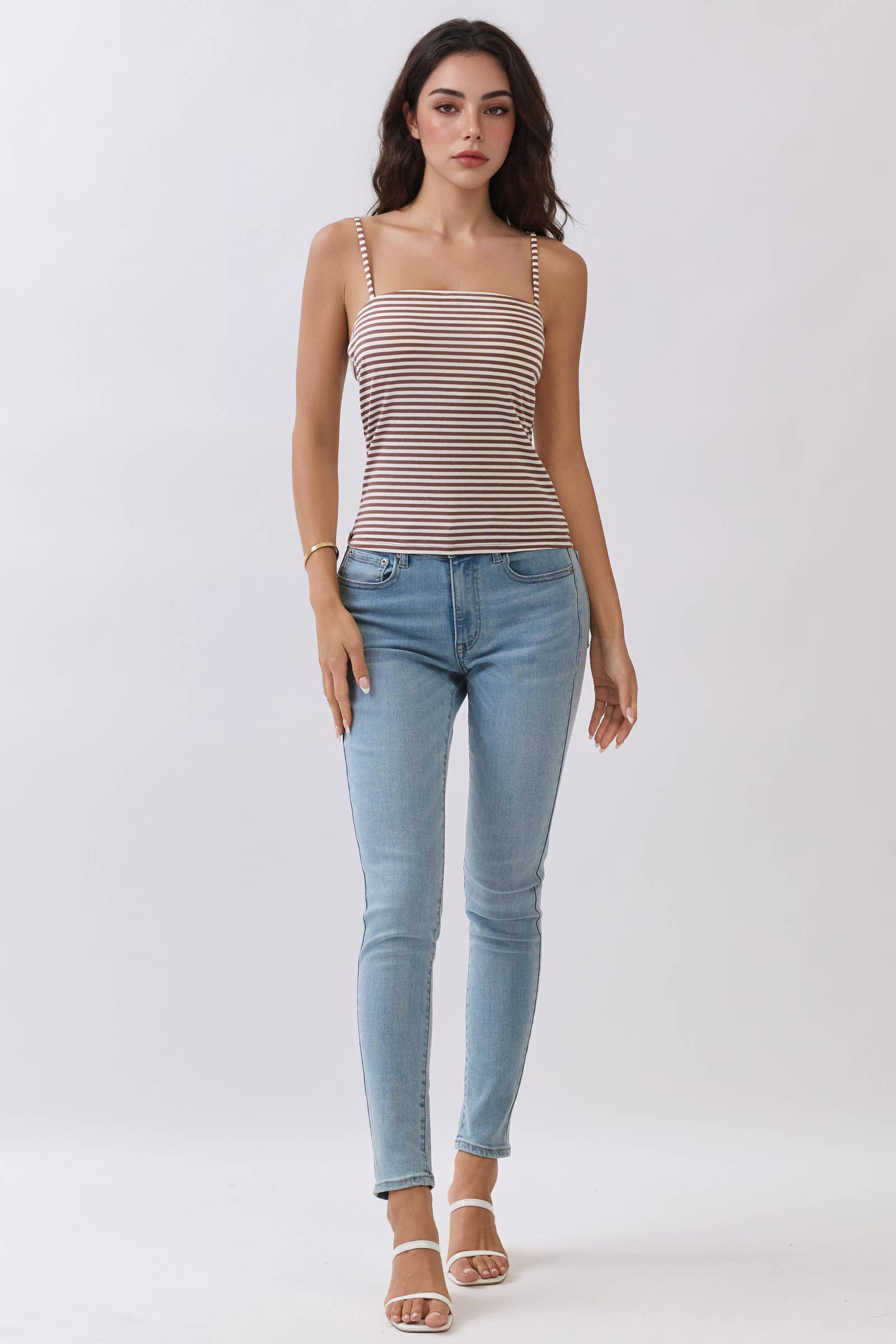 STRIPED DOUBLE LINED  REMOVABLE BUILT-IN BRA TOP