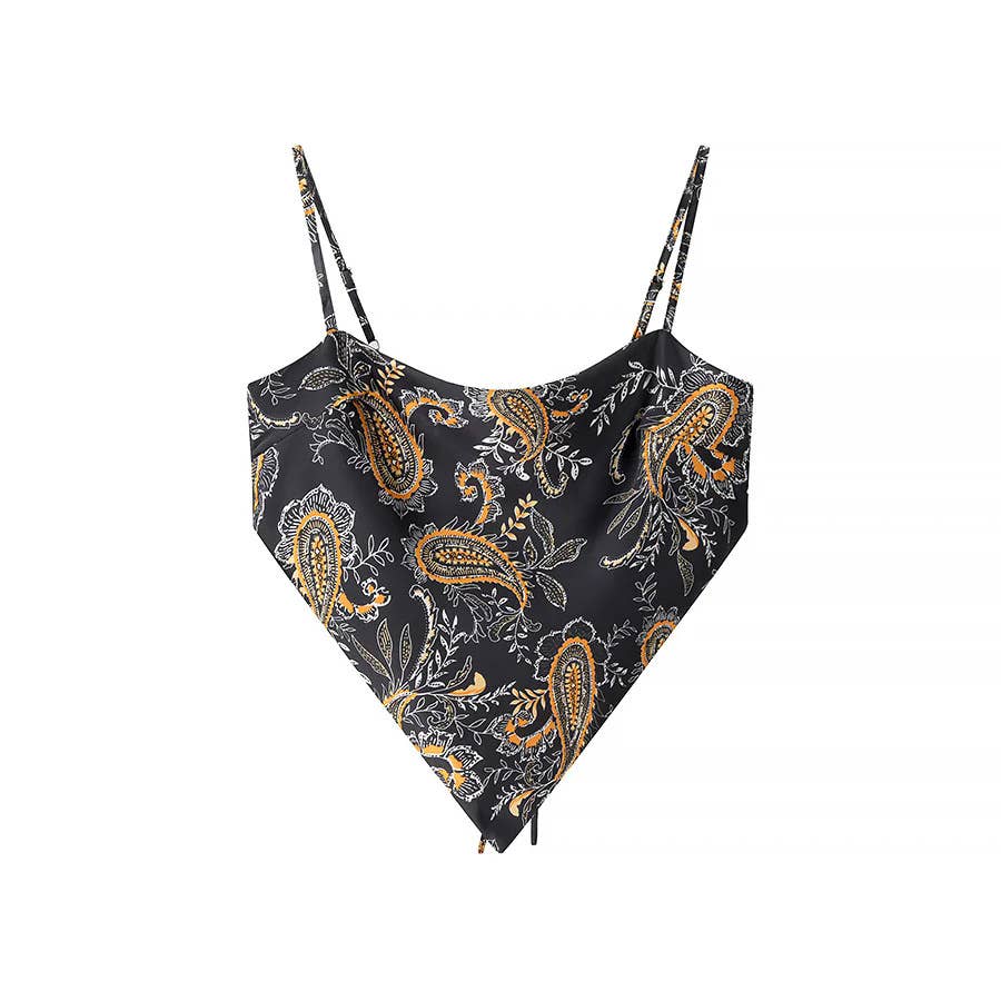Silk Vintage Print Backless Lace-Up Cropped Camisole Top