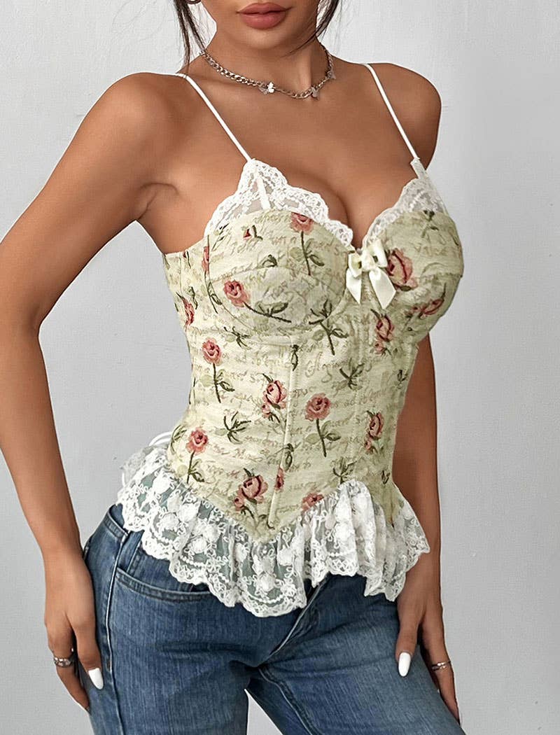 Floral Lace Trim Spaghetti Strap Top