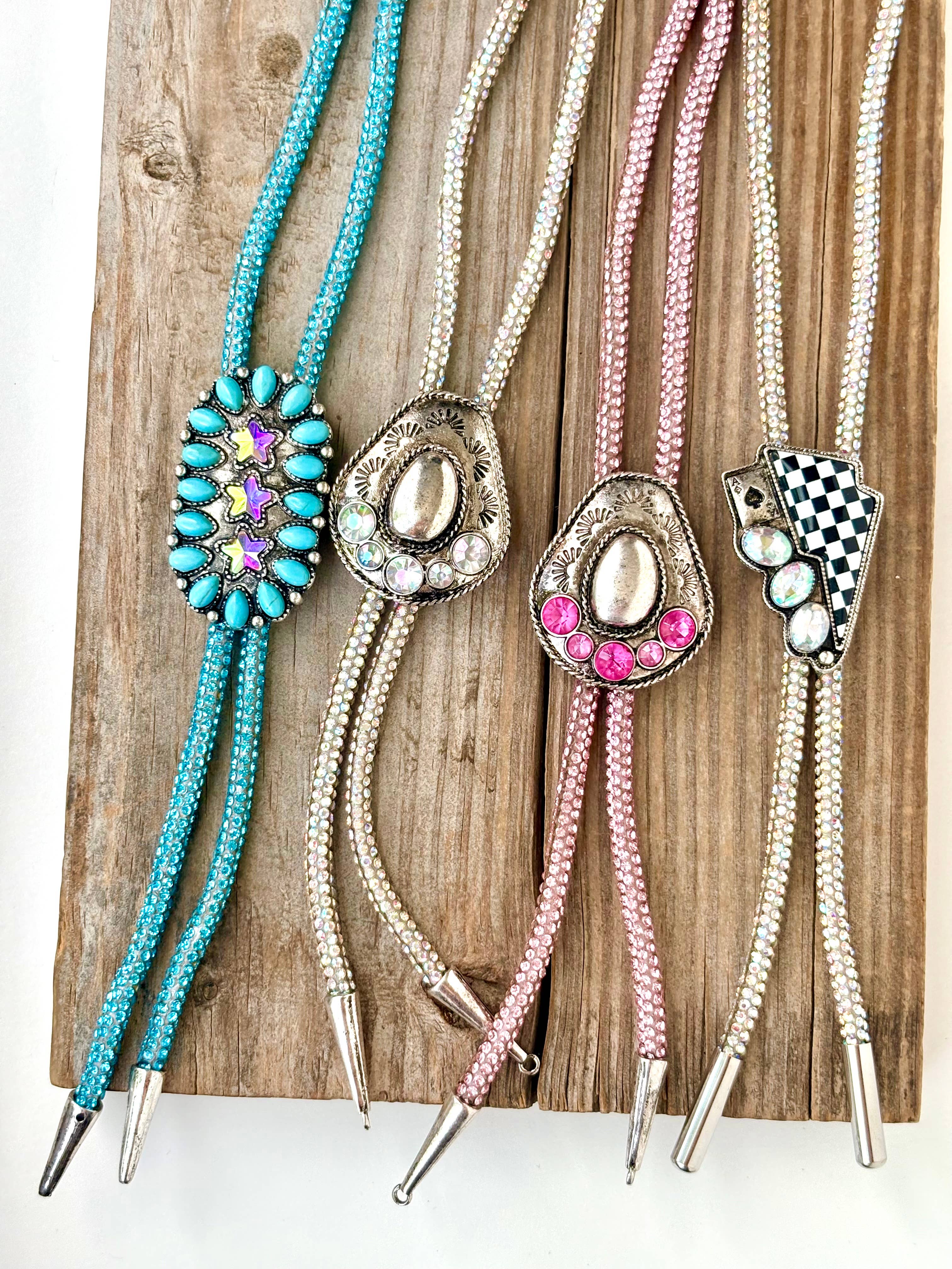Western Glitter Style Stone Pendant Bolo Tie Necklace