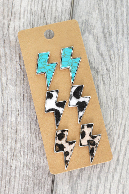 3-Pair Western Thunderbolt Assorted Earring Set