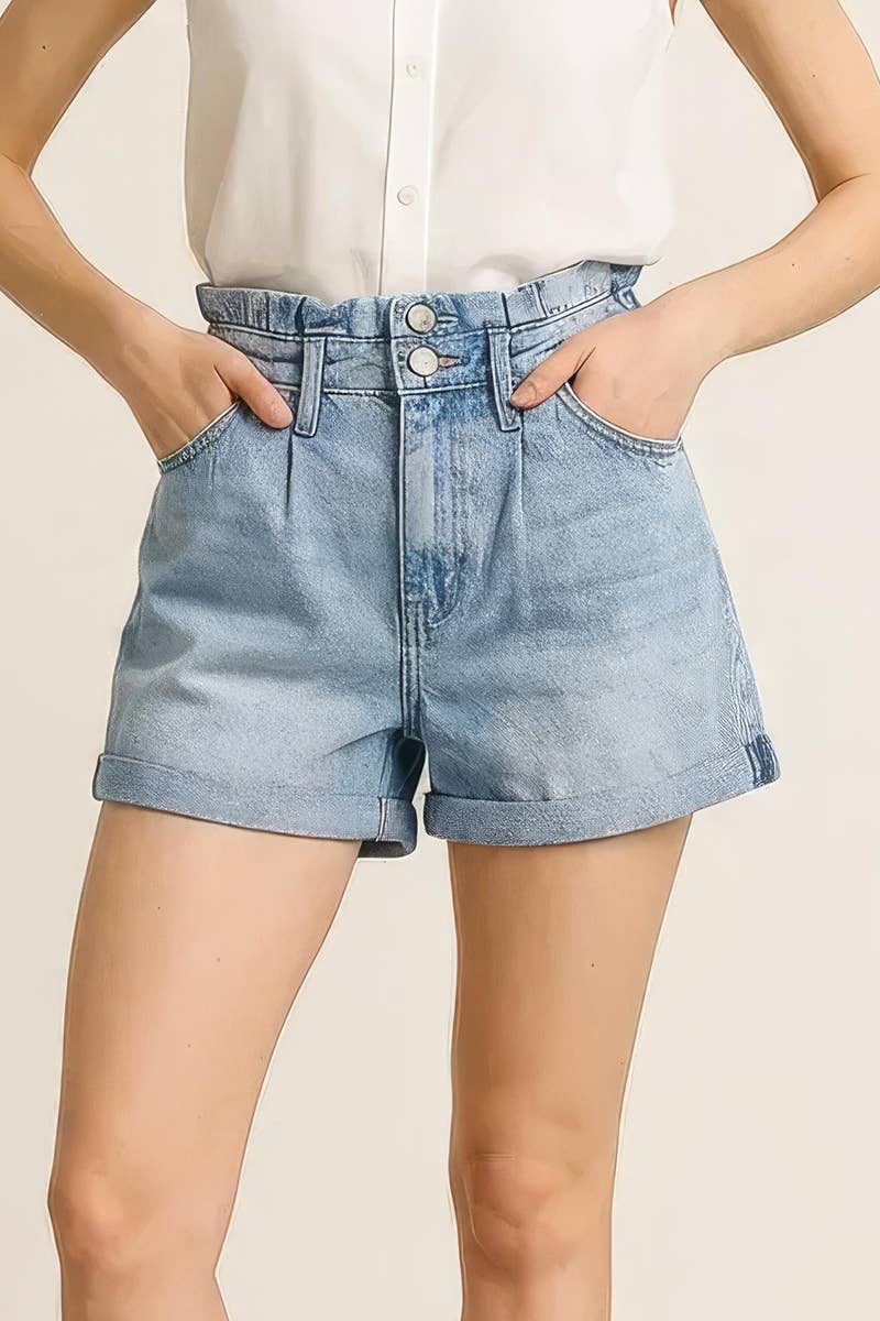 Pleated Denim Shorts